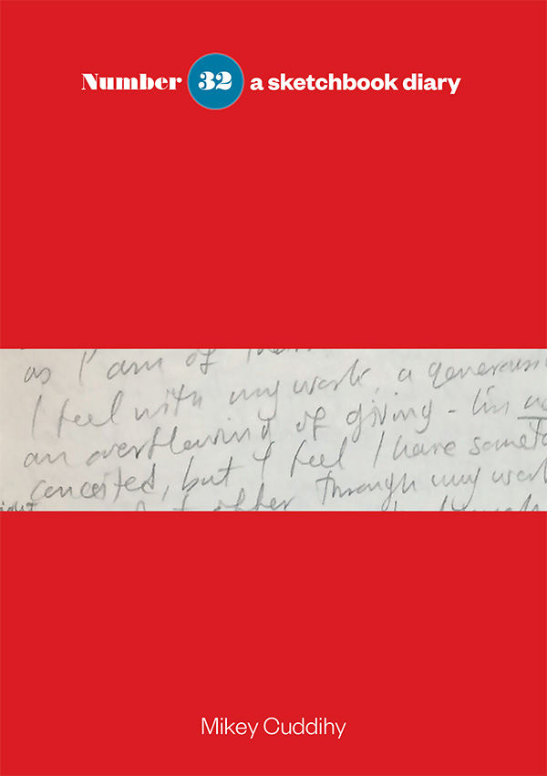 book cover with red background and handwriting.