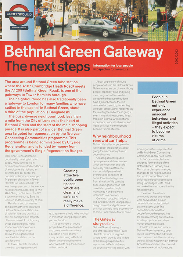 leaflet cover about Bethnal Green Gateway in London