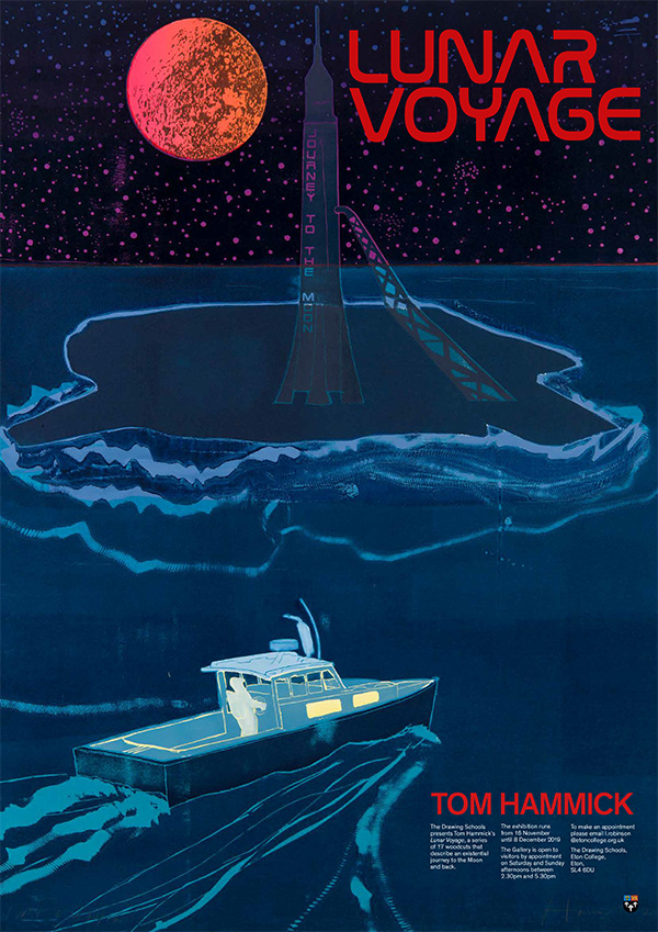 painting of boat, rocket and moon by Tom Hammick.